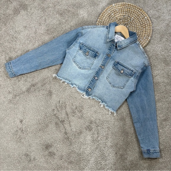 KanCan Jean Jacket Longsleeve Cropped Plaid Details Aligyn Frayed Hem Blue S - Picture 3 of 16